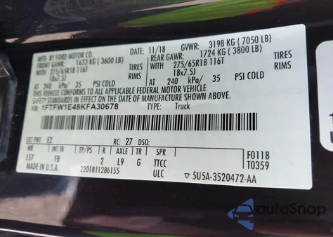 2019 Ford F-150 Xlt from USA, damaged, VIN 1FTFW1E48KFA30678